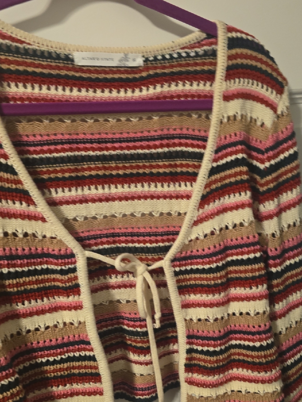 Altar'd State Striped Crochet Tie-Front Cardigan in Pink, Cream & Brown